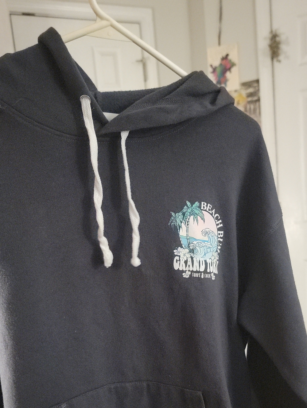 Ocean Drive Black Crewneck Hoodie with Pastel Coastal Graphic